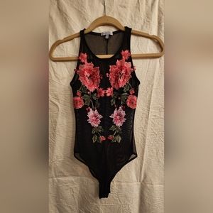 Sheer black tank style bodysuit w Floral applique Size XS
